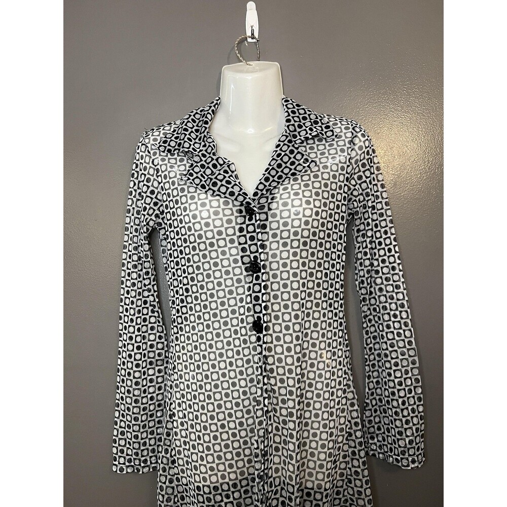 Mandee Dress Womens 4 Black White Geometric Mesh Sheer Collared Shirt Mini USA
